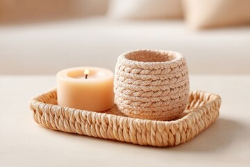 Scented Candle and Woven Pot, Warm Beige Tones, Minimalist, Calming Ambiance, Textured Detail, Soft Lighting