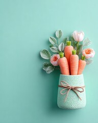 Still Life in Pastel Mint, featuring Carrots, Roses, and Lamb's Ear in a Textured Vase with Linen Bow, on a Minimalist Background