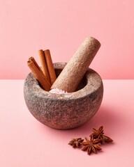 Rustic Mortar & Pestle with Cinnamon & Star Anise on Millennial Pink, Minimalist Still Life, Warm Tones, Soft Lighting