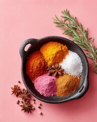 Vibrant Turmeric, Paprika, Salt, Beetroot Powder, Curry, Anise & Rosemary, Overhead Studio Shot