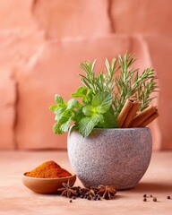Stone Mortar with Rosemary, Mint, Cinnamon, Turmeric, and Anise on Warm Copper Background in Soft Natural Light