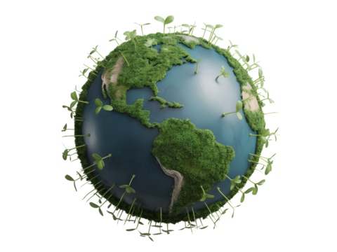 Earth with Green Sproutlings on White Background planet isolated on a transparent background