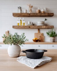 Cast Iron Skillet, Olive Branch, Rustic Shelves, Warm Tones, Natural Light, Simple Composition [150]