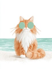 Red Cat in Sunglasses on Beach with Turquoise Sea and White Background, Whimsical Animal Illustration