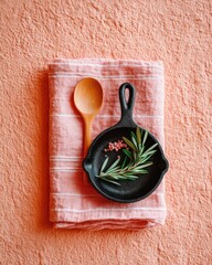 Black Skillet with Rosemary & Pink Peppercorns on Linen, Wooden Spoon, Soft Peach Background, Top-Down View