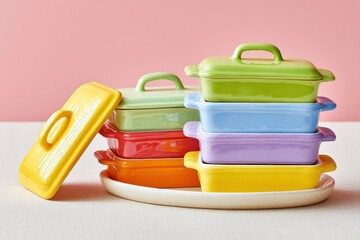 Stack of Pastel Ceramic Baking Dishes with Lids on White Tray, Against Pink Background, Bright, Colorful, Playful, Kitchenware, Close-Up