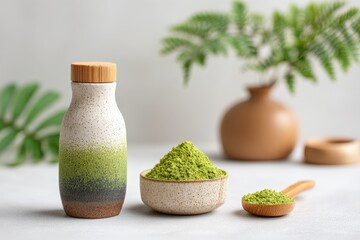 Ceramic Matcha Shaker Bottle with Sieve, Bowl of Matcha Powder, and Spoon, Studio Shot with Neutral Tones, Minimalist Style