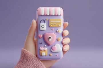 Hand holding smartphone with digital security and online shopping symbols on display