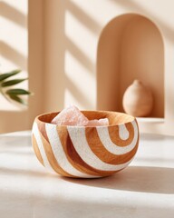 Striped Ceramic Bowl with Pink Salt, Neutral Tones, and Geometric Shadows creates a minimalist, textural, and calming aesthetic