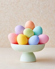 Minimalist close-up of pastel speckled Easter eggs in a speckled ceramic pedestal bowl against a speckled beige background