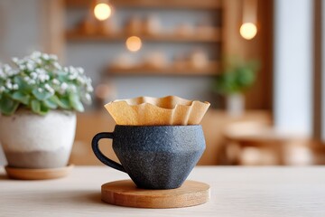 Ceramic Pour Over Dripper With Paper Filter in Coffee Shop Setting - Warm Tones, Minimalist, Focus on Preparation
