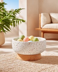 Speckled Ceramic Bowl with Pastel Eggs, Wood Base, Neutral Tones, Indoor Setting, Fern, Natural Light, Serene Atmosphere