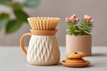 Minimalist Ceramic Pour Over Dripper with Brown Filter, Wooden Lid and Handle, Cookies and Flower Pot on Soft Neutral Backdrop
