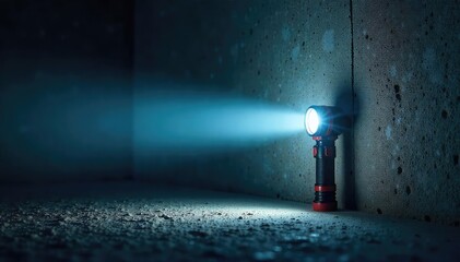 A powerful LED flashlight beam cuts through the darkness, illuminating a textured concrete wall  Perfect for safety, emergency, and adventure themes , concrete, spotlight, dark
