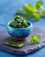Blue ceramic bowl of chopped green vegetables with seaweed & mint garnish on slate, blue background, macro detail