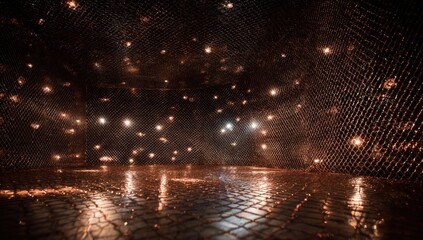 Fototapeta premium Interior view of a dark, copper-toned room with a mesh wall and lights