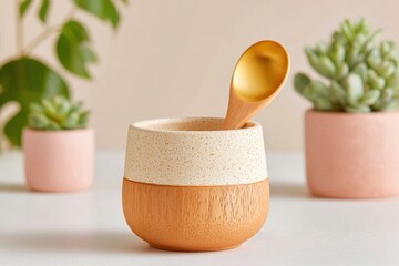 Ceramic Cup with Wooden Spoon and Succulents on Off-White, Featuring Minimalist Style and Soft Lighting