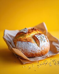 Rustic Artisan Sourdough Bread Loaf with Sesame Seeds on Craft Paper Against a Bright Yellow Background, Top View, Food Photography