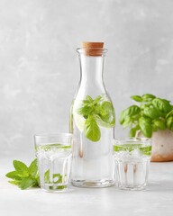 Clear glass carafe of water infused with basil and lime, two glasses with ice and mint, minimalist style on a textured gray background