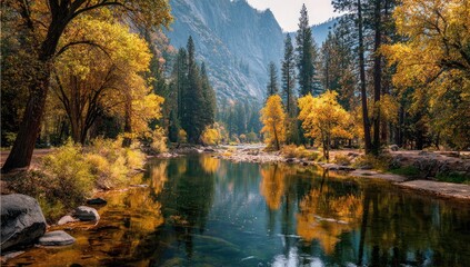 Naklejka premium Autumn river scene with trees and mountains