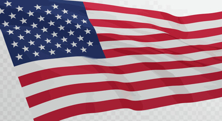 Waving american flag illustration with stars and stripes on transparent background