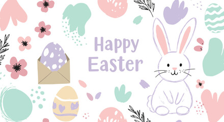 Delightful Happy Easter Design with Bunny Flowers and Pastel Colored Eggs