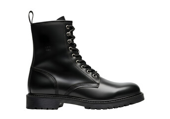 Black Leather Combat Boot on White Background.