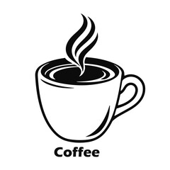 Hot coffee cup logo design, steaming drink icon, cafe beverage illustration, morning espresso symbol, black and white artwork