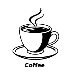 Hot coffee cup logo design, steaming drink icon, cafe beverage illustration, morning espresso symbol, black and white artwork