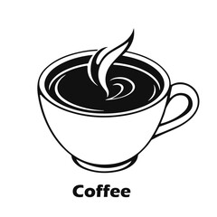 Hot coffee cup logo design, steaming drink icon, cafe beverage illustration, morning espresso symbol, black and white artwork