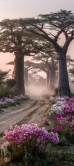 Sunrise path through baobab trees, pink flowers