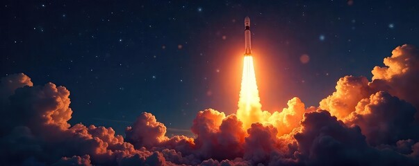 A powerful rocket launches into the night sky, leaving a fiery trail behind it The vibrant colors and dynamic motion capture the excitement and power of space exploration , trail, exploration