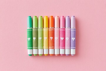 Top-Down Flat Lay of Heart-Decorated Gel Pens on Pink Paper, Organized by Color, Gentle Lighting, Colorful Stationary Aesthetic