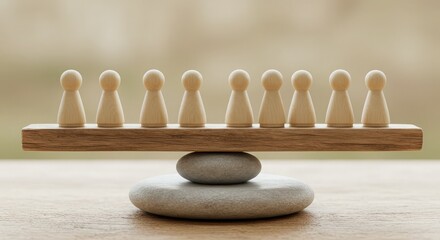 Wooden figures balanced on a wooden beam atop stones symbolizing team cohesion, fairness, and equitable distribution of resources in business