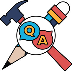 A hammer and a pencil are on a red background