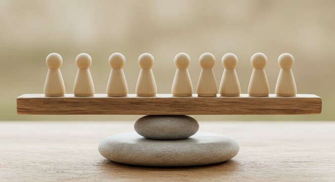 Wooden figures balanced on a wooden beam atop stones symbolizing team cohesion, fairness, and equitable distribution of resources in business