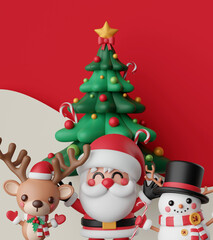 Postcard Christmas theme, Santa Claus with reinder and snowman, 3d illustration