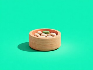 Wooden Bowl with Albino Peanuts and Green Pistachio on a Bright Turquoise Background, Bold Shadows, Pop Art Style