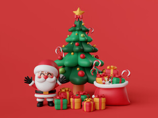 Santa Claus with Christmas tree, gift box and gift bag, 3d illustration
