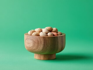 Simple studio shot of a wooden bowl overflowing with shelled peanuts on a monochromatic green backdrop, minimalist style and clean composition
