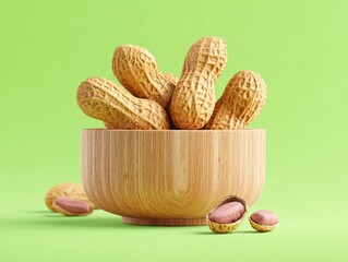 Peanuts overflowing from a light wood bowl on a vibrant green background. Studio shot, minimalist, clean style, with warm color palette