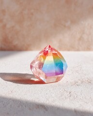 Faceted gemstone casting rainbow light on textured surface with a soft, ethereal, and light-filled ambiance