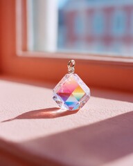 Crystal suncatcher prism casting rainbows in a soft, peach-toned room near a window, creating a dreamy, optimistic and reflective mood