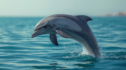 Fototapeta premium Dolphin Leaping Out of Ocean in Mid-Air Splash Against Calm Sea and Sky