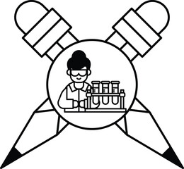 A man in a lab coat is holding a pencil and a pen