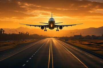 Fototapeta premium airplane landing at sunset