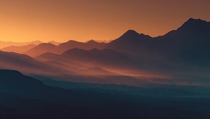 Obraz premium and keyword list for the imageMountains Emerge From Fog as Sun Sets, Painting the Sky With Warm Orange Hues