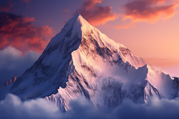 The sun shines on the snowy peaks above the clouds.