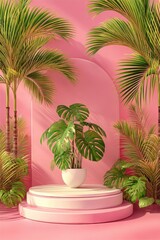 Fototapeta premium Minimal pink wall decor featuring white pot and tropical greenery