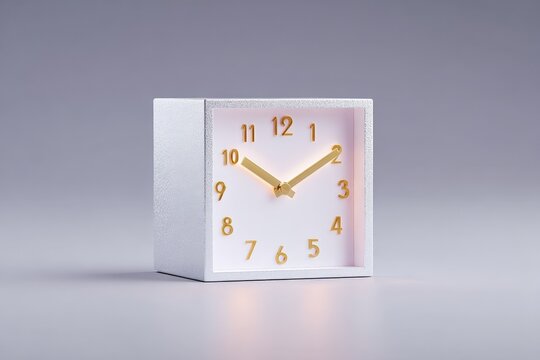 Minimalist White Cube Clock with Gold Numerals and Hands on Grey Background, Studio Shot, Clean Style, Modern Design, Time Concept